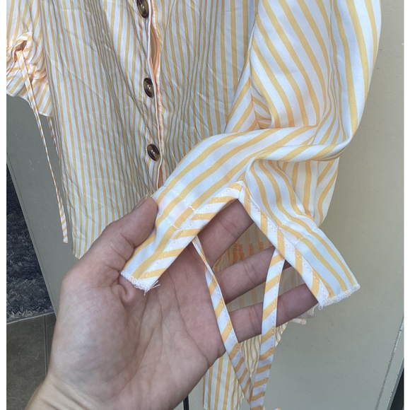 Yellow Striped Blouse Top Buttons On Back Ties On Sleeves Women’s Sz XL/12 Shein - Picture 4 of 6